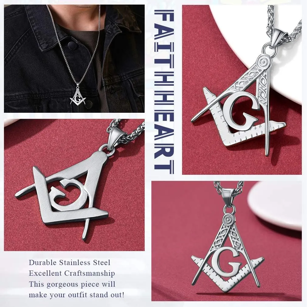 FaithHeart Masonic Necklace for Men, Freemason Compass Symbol 18K Gold Plated/Stainless Steel Free and Accepted Masons Pendant Jewelry with Gift Box