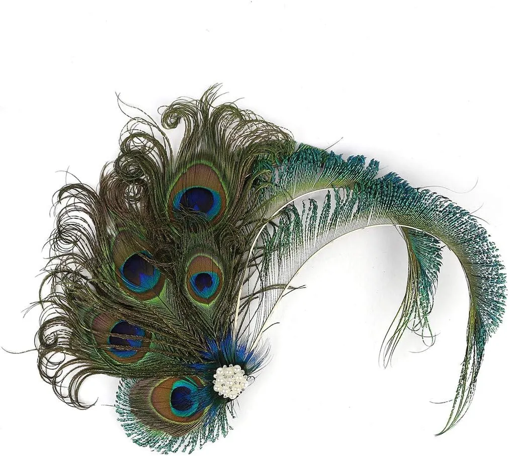 Fascinator Peacock Feather Hair Clips Flapper Headband Art Deco 20's Accessories for Women