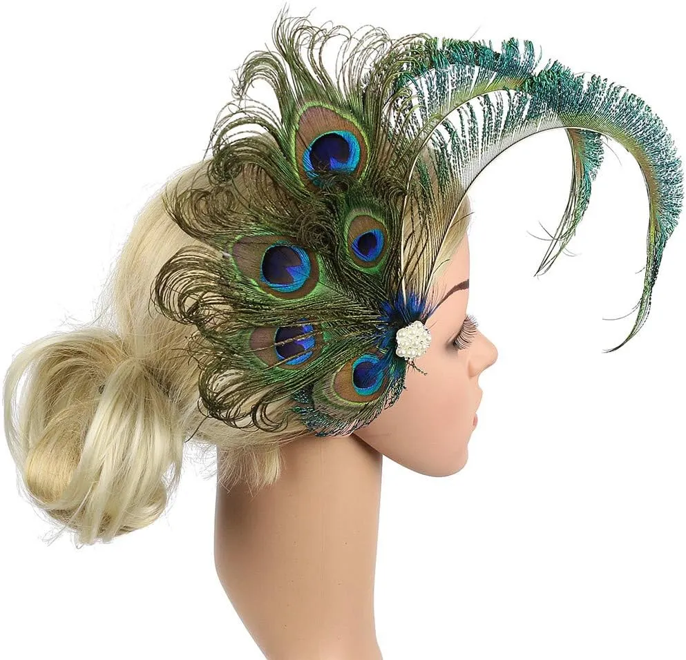 Fascinator Peacock Feather Hair Clips Flapper Headband Art Deco 20's Accessories for Women