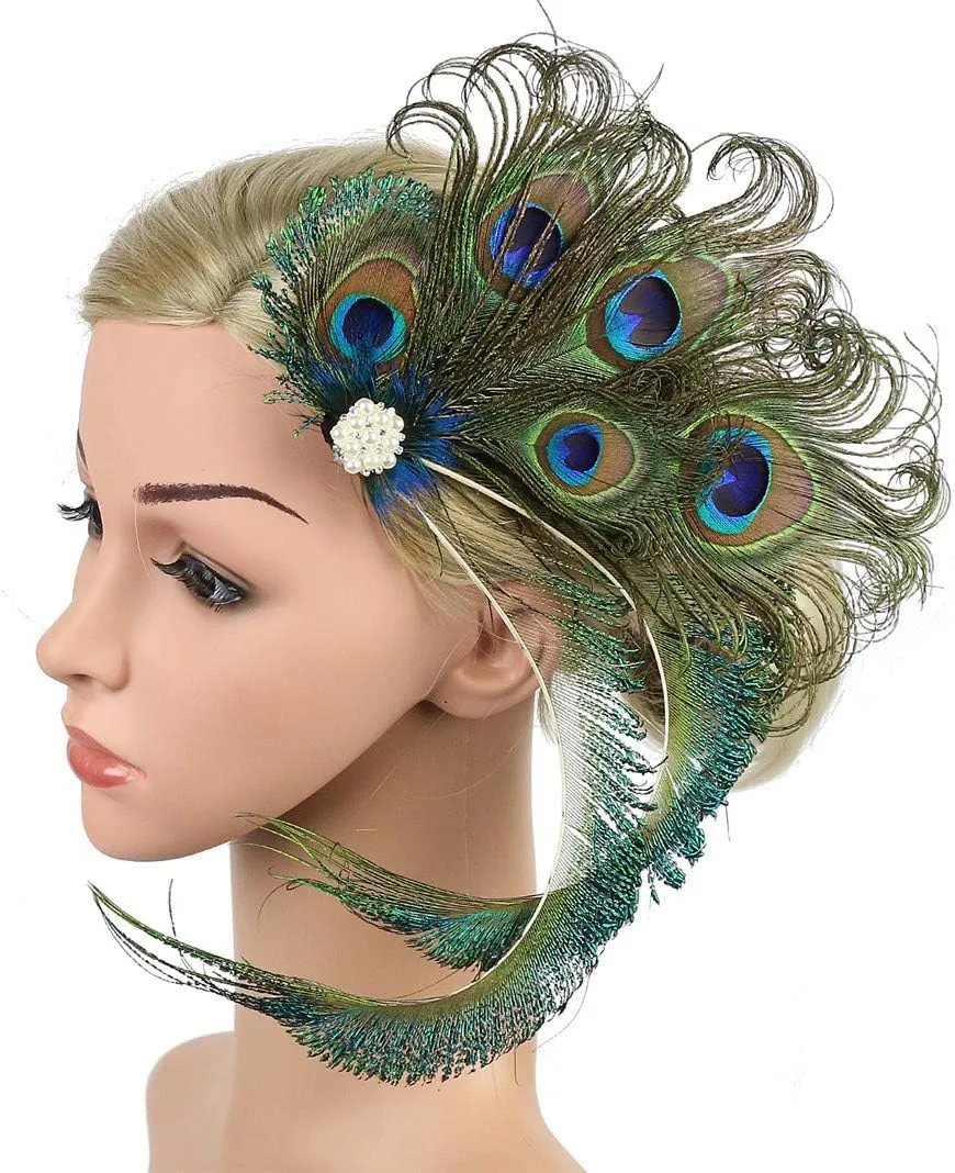 Fascinator Peacock Feather Hair Clips Flapper Headband Art Deco 20's Accessories for Women