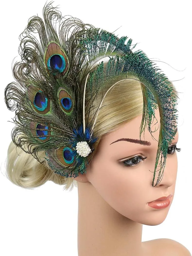 Fascinator Peacock Feather Hair Clips Flapper Headband Art Deco 20's Accessories for Women
