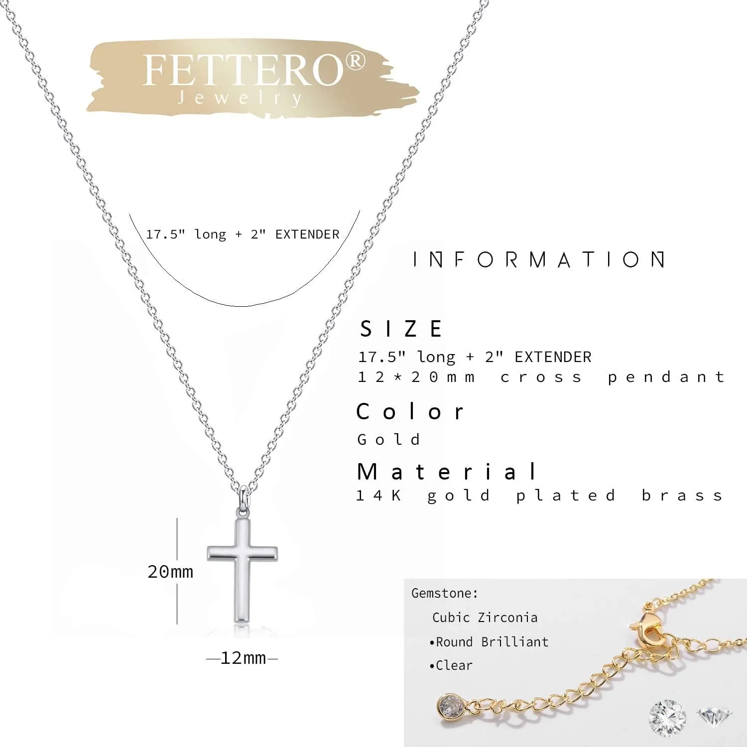 Fettero Cross Necklace Faith Pendant 14K Plated Dainty Chain Minimalist Simple Tiny God Lords Prayer Religious Jewelry