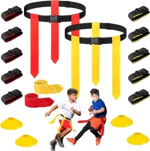 Flag Football Belts, 10 Player Flag Football Set with Belts, Flags, Soccer Cones & Bag for Kids, Youth & Adult, Adjustable Flag Football Equipment for Max Waist Circumference of 43"