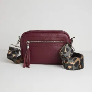 Florence Crossbody Bag in Burgundy with Dark Leopard Strap