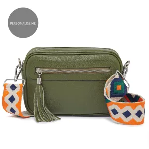 Florence - Crossbody Bag in Olive with Blue and Orange Bohemian Strap