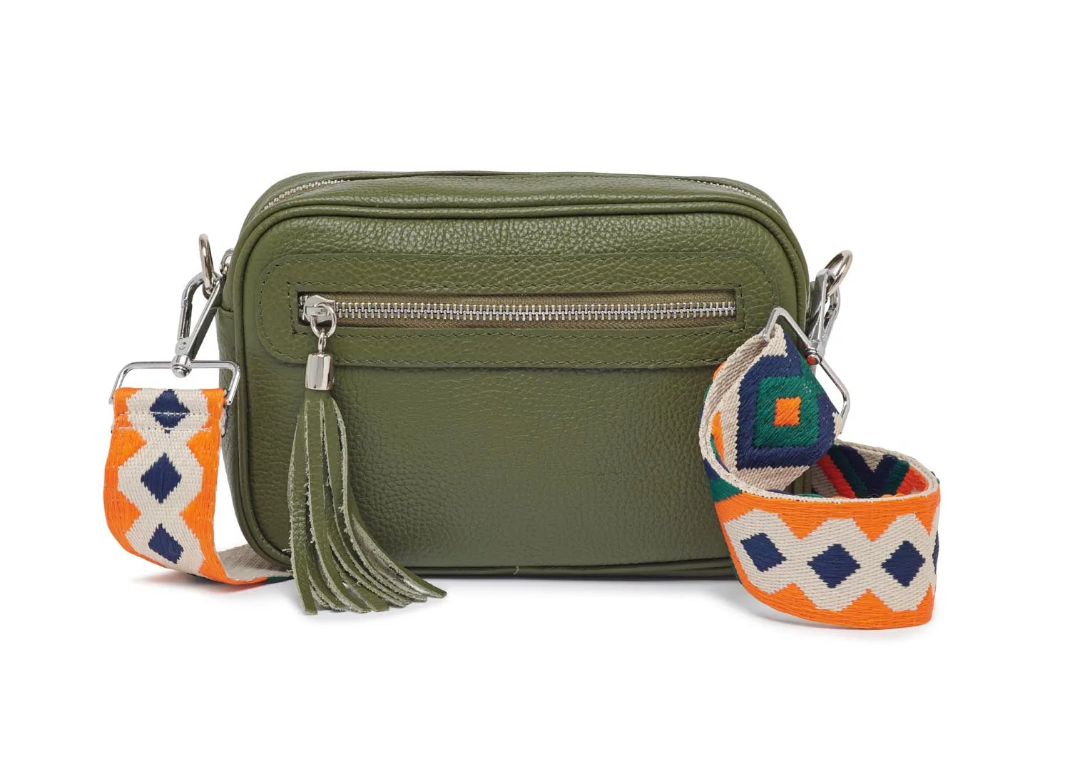 Florence - Crossbody Bag in Olive with Blue and Orange Bohemian Strap