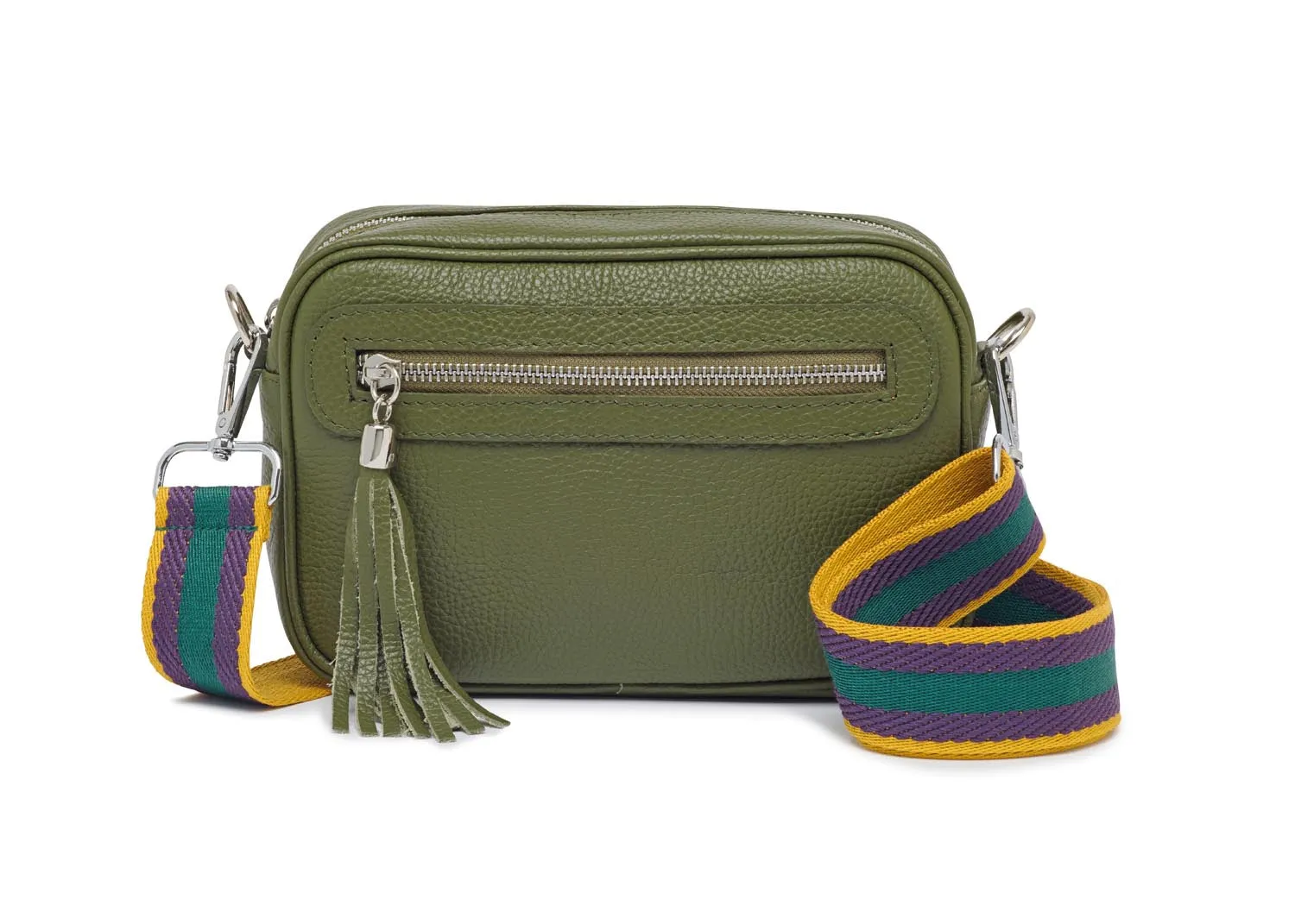 Florence - Crossbody Bag in Olive with Purple Stripe Strap