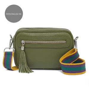 Florence - Crossbody Bag in Olive with Purple Stripe Strap