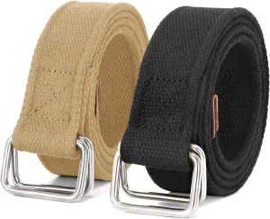 JASGOOD Men Canvas Fabric Belts Casual Web Cloth Belts with Black Double Ring Buckle 2 Pack