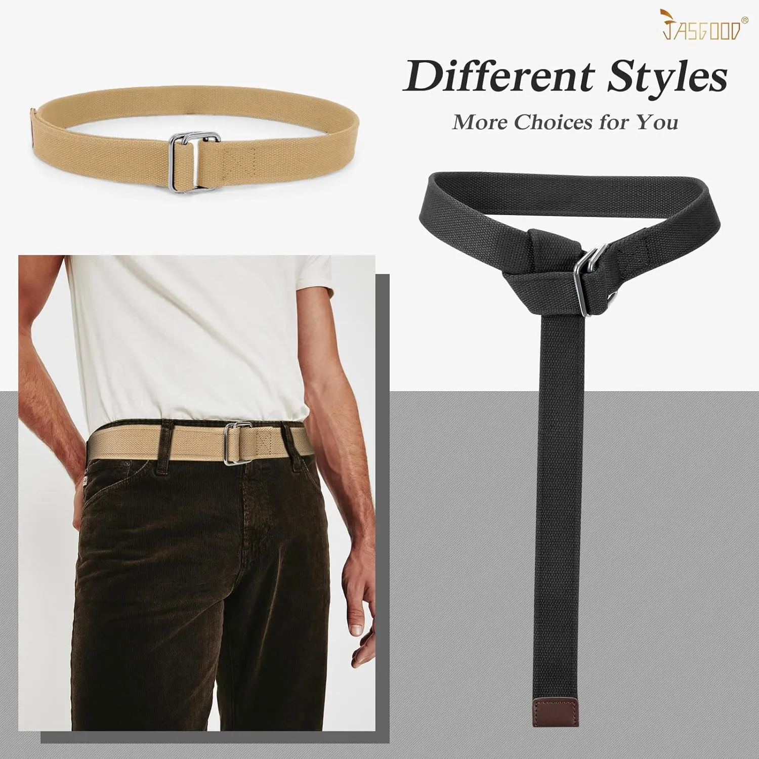 JASGOOD Men Canvas Fabric Belts Casual Web Cloth Belts with Black Double Ring Buckle 2 Pack