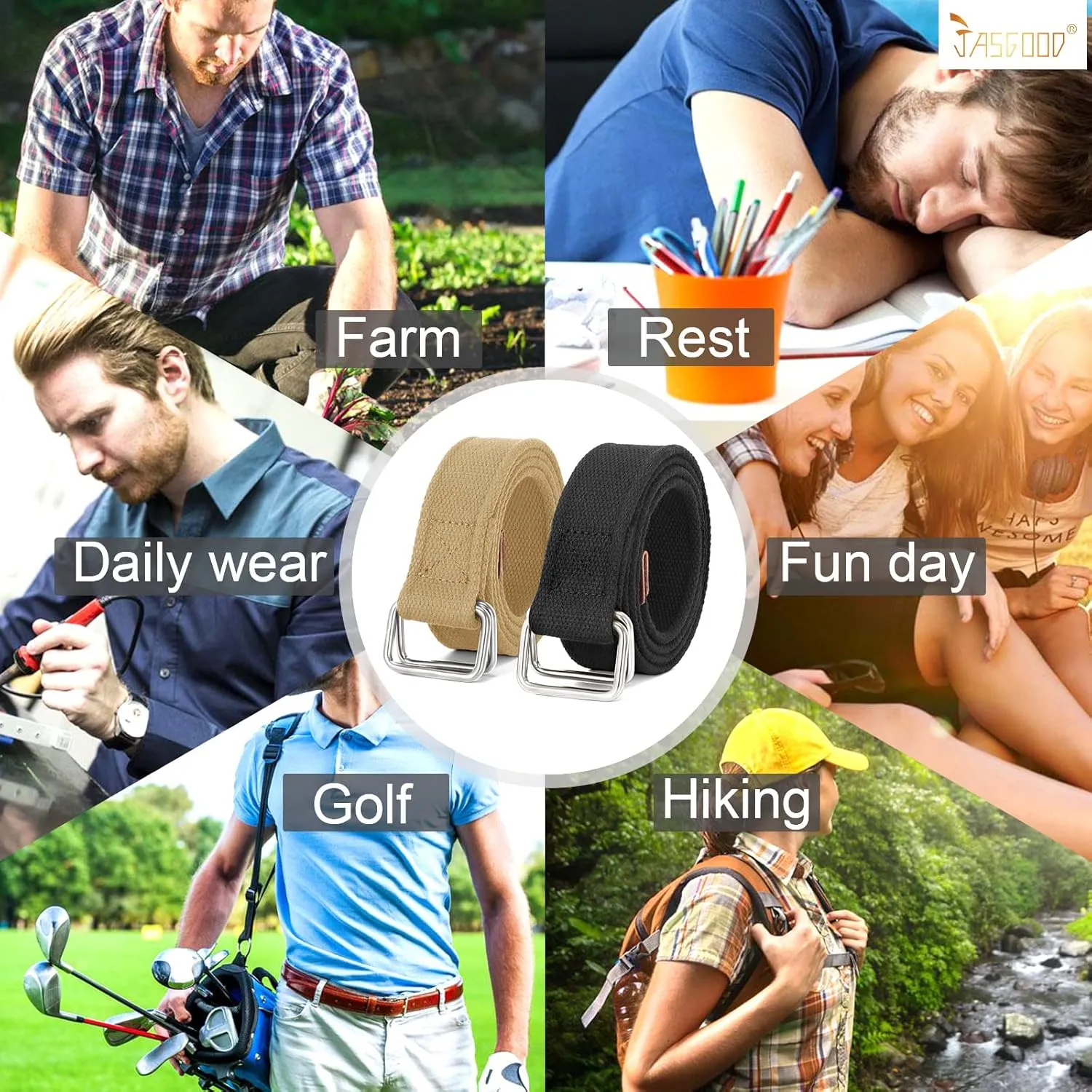 JASGOOD Men Canvas Fabric Belts Casual Web Cloth Belts with Black Double Ring Buckle 2 Pack