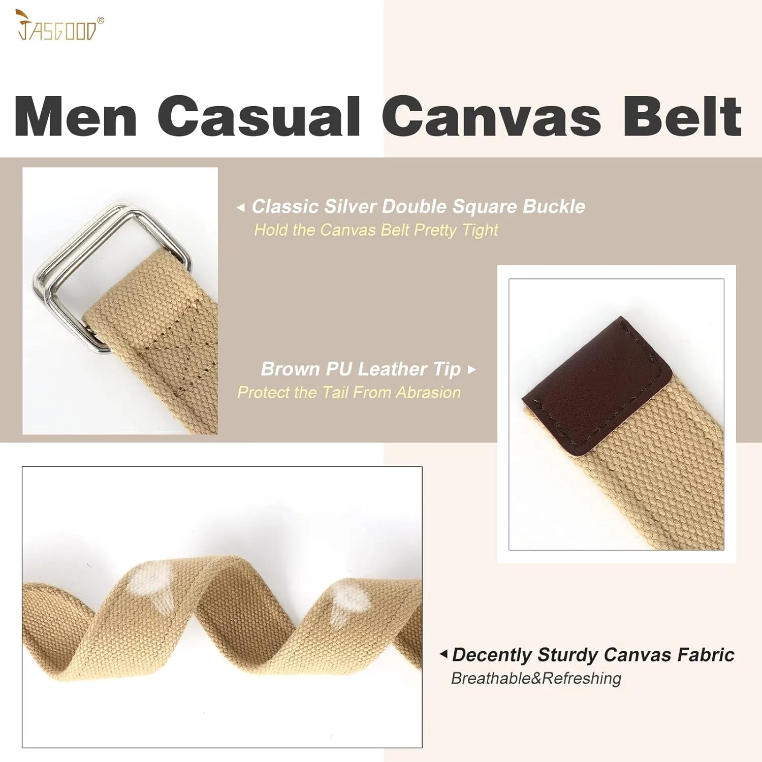 JASGOOD Men Canvas Fabric Belts Casual Web Cloth Belts with Black Double Ring Buckle 2 Pack