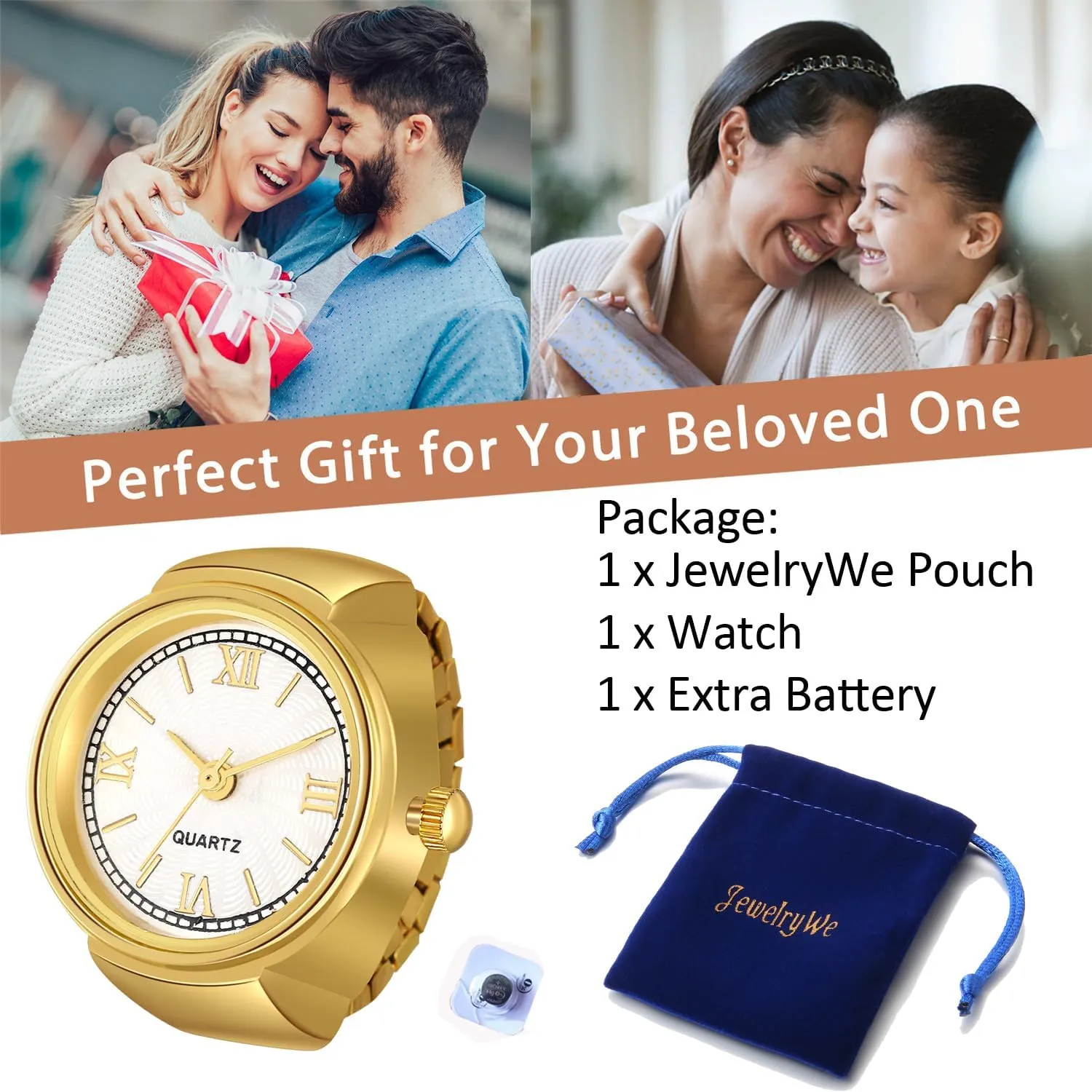 JewelryWe Men Women Finger Watch Stretchy Band Elastic Round Simple Dial Quartz Ring Watches