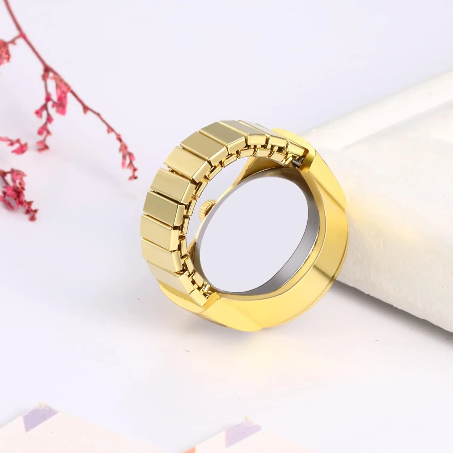 JewelryWe Men Women Finger Watch Stretchy Band Elastic Round Simple Dial Quartz Ring Watches