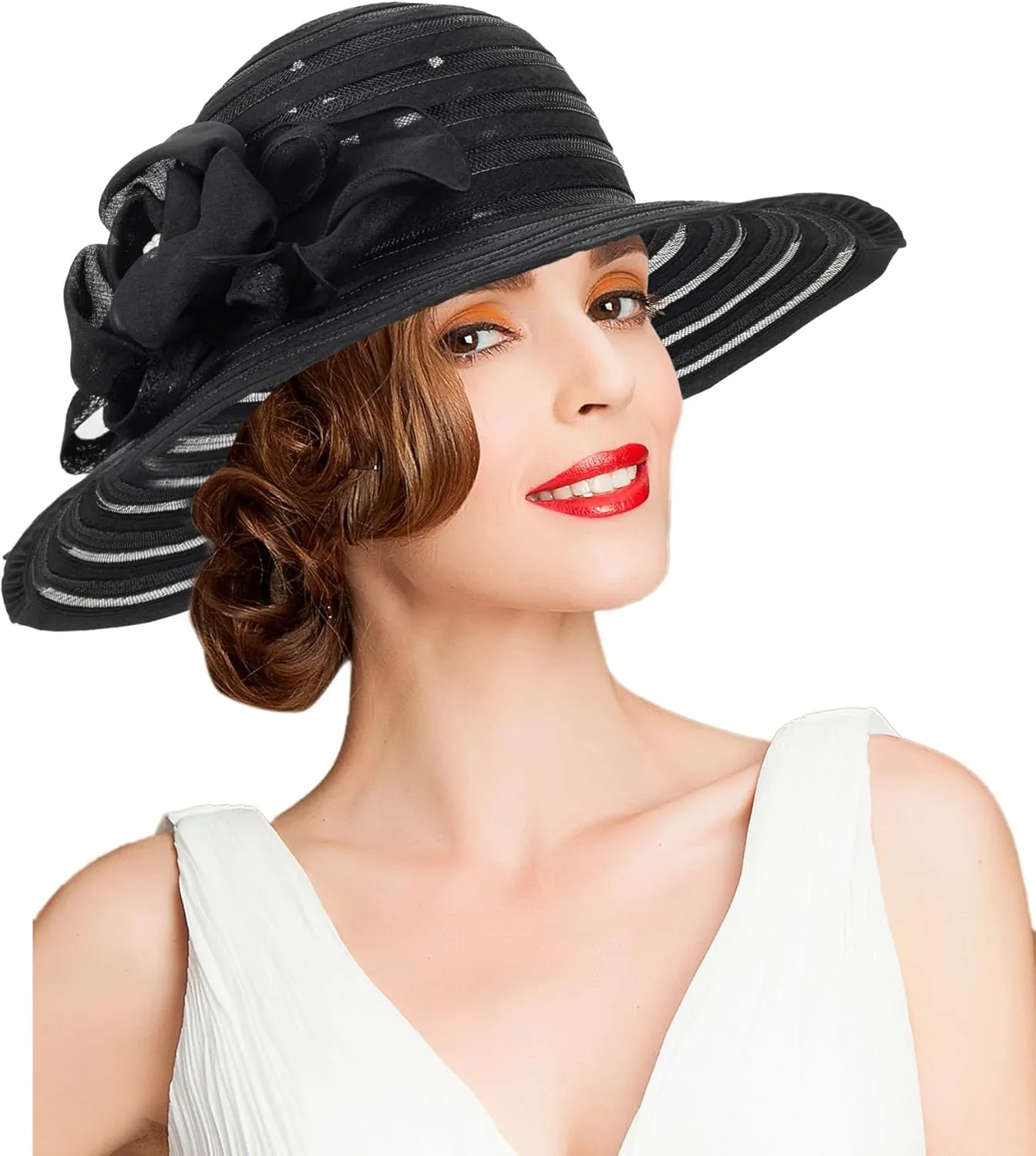 Kentucky Organza Wide Brim Sun Hat Summer Derby Hats for Tea Party Wide Brim Bowler Cap