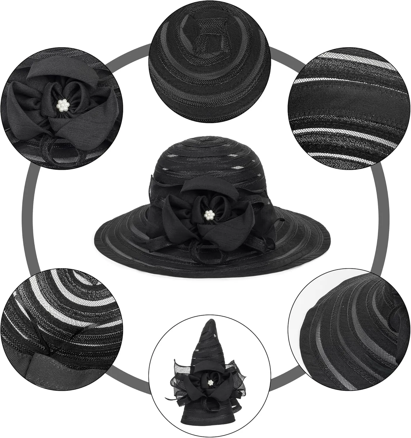 Kentucky Organza Wide Brim Sun Hat Summer Derby Hats for Tea Party Wide Brim Bowler Cap