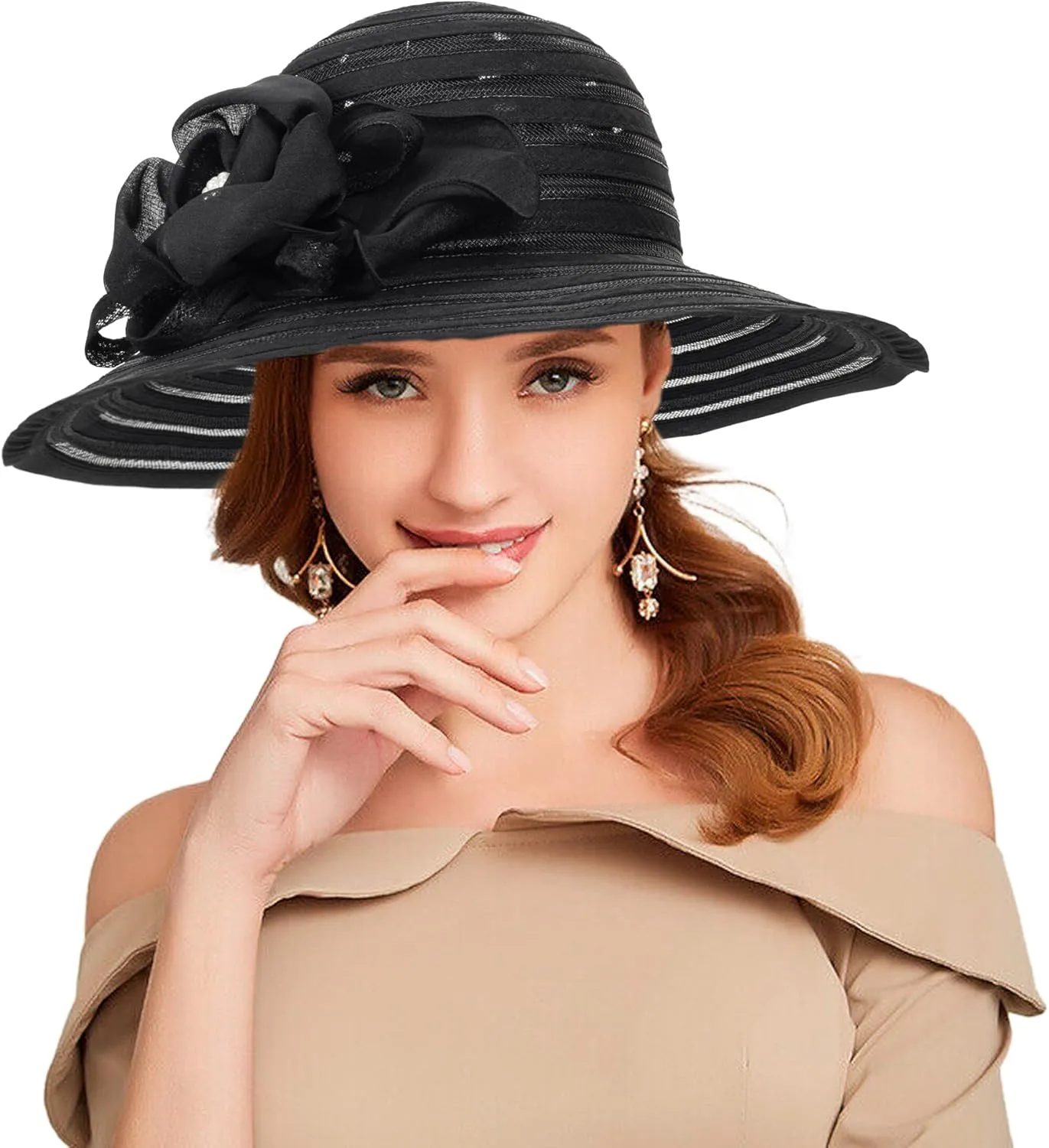 Kentucky Organza Wide Brim Sun Hat Summer Derby Hats for Tea Party Wide Brim Bowler Cap