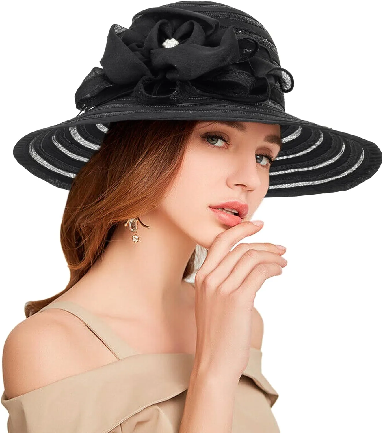 Kentucky Organza Wide Brim Sun Hat Summer Derby Hats for Tea Party Wide Brim Bowler Cap