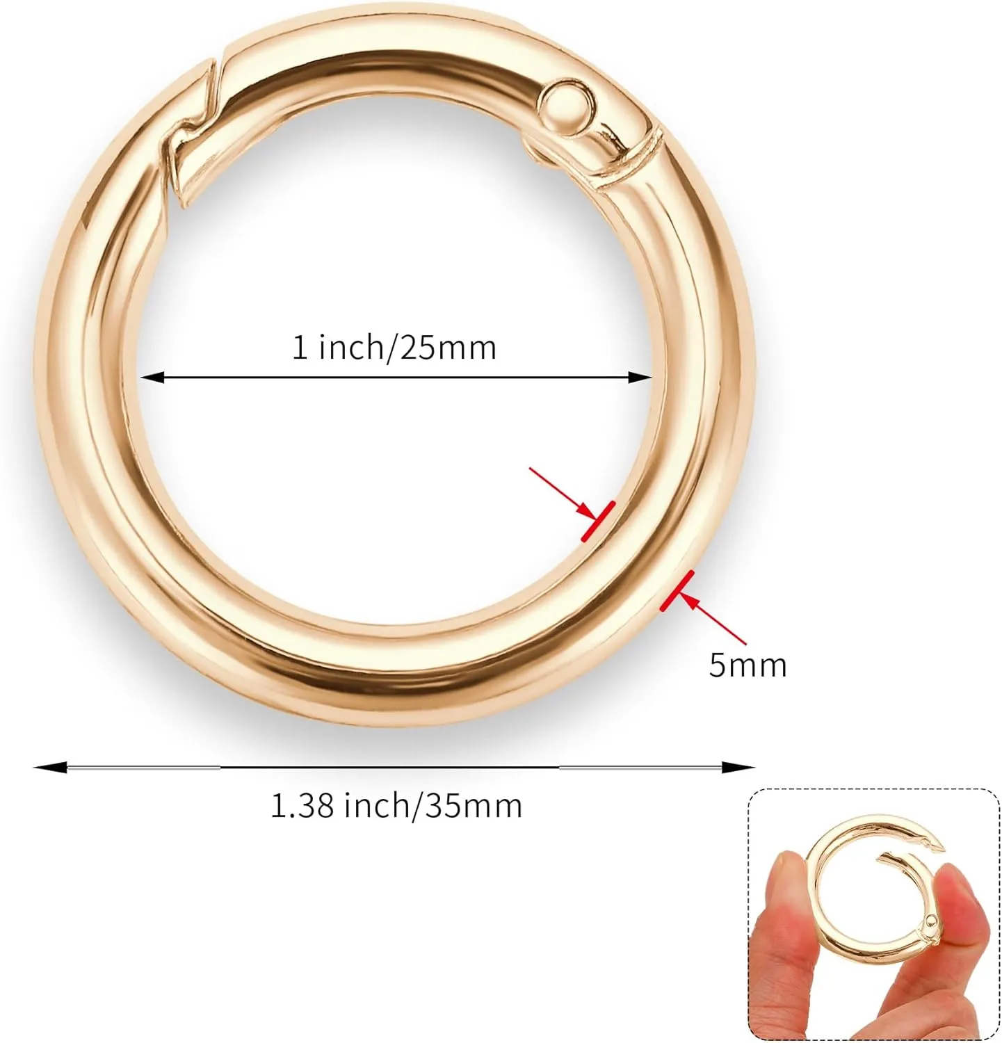 Key Ring Clip, 1 Inch Keychain Rings, 8 Pack Round Carabiner Clip for Keys, Buckle, Bags, Purses - Key Chain Hooks Replacement Keychains Lanyard DIY Crafts, Light Gold