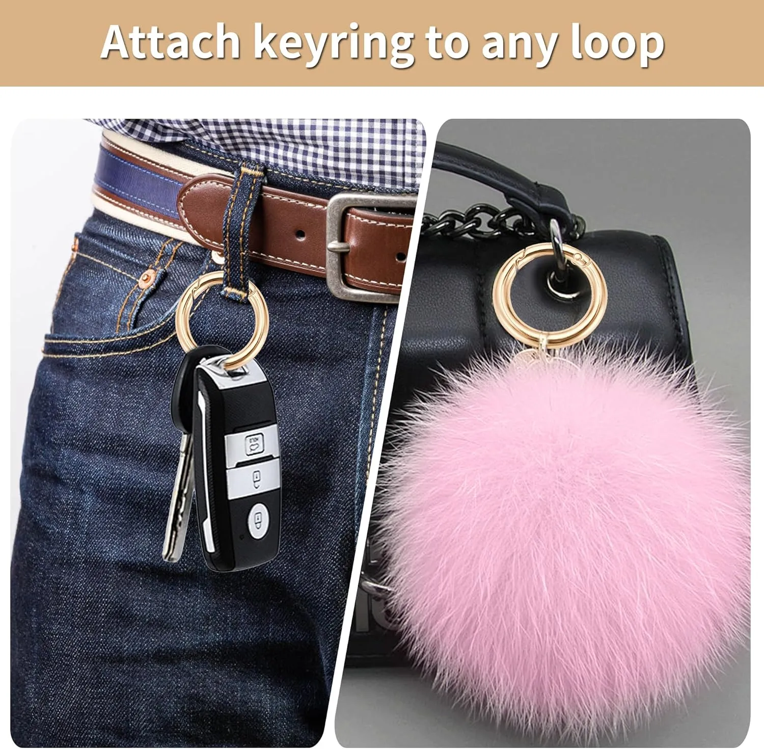 Key Ring Clip, 1 Inch Keychain Rings, 8 Pack Round Carabiner Clip for Keys, Buckle, Bags, Purses - Key Chain Hooks Replacement Keychains Lanyard DIY Crafts, Light Gold