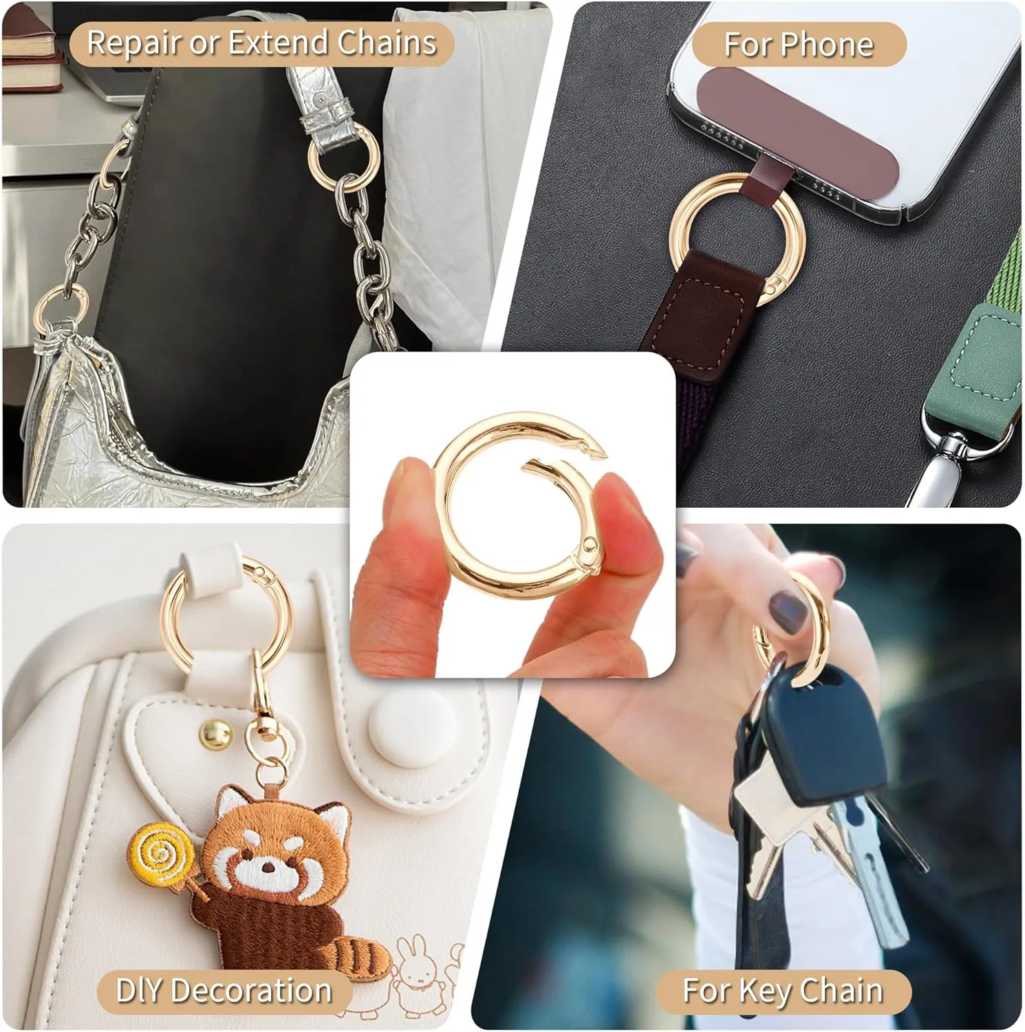 Key Ring Clip, 1 Inch Keychain Rings, 8 Pack Round Carabiner Clip for Keys, Buckle, Bags, Purses - Key Chain Hooks Replacement Keychains Lanyard DIY Crafts, Light Gold