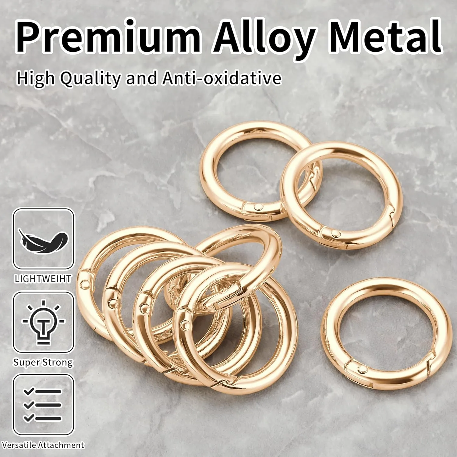 Key Ring Clip, 1 Inch Keychain Rings, 8 Pack Round Carabiner Clip for Keys, Buckle, Bags, Purses - Key Chain Hooks Replacement Keychains Lanyard DIY Crafts, Light Gold