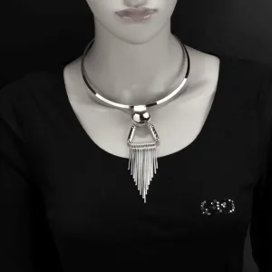 Ladies Silver Bold Ring Statement Stripe Triangle Tassel Pendant Choker Necklace