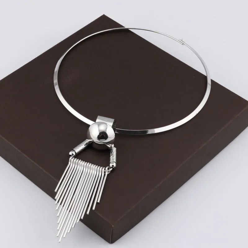 Ladies Silver Bold Ring Statement Stripe Triangle Tassel Pendant Choker Necklace