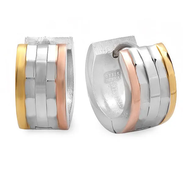 Ladies Tri-colored Stainless Steel Huggies Earrings