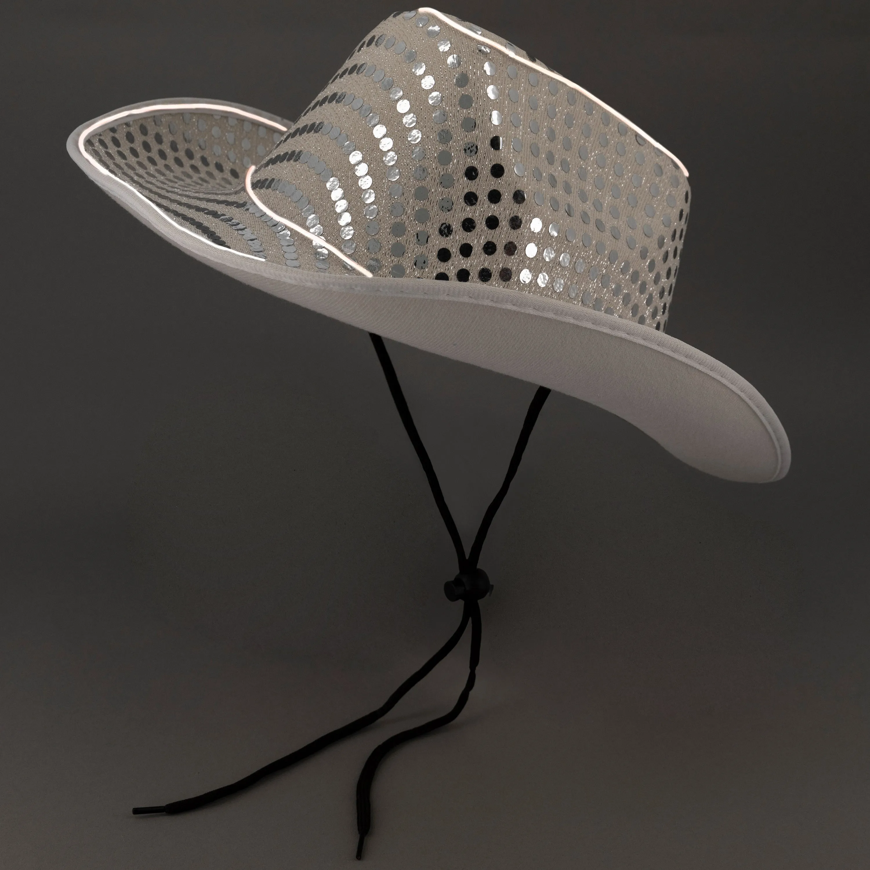 LED Flashing EL Wire Sequin White Cowboy Party Hat - Pack of 96 Hats