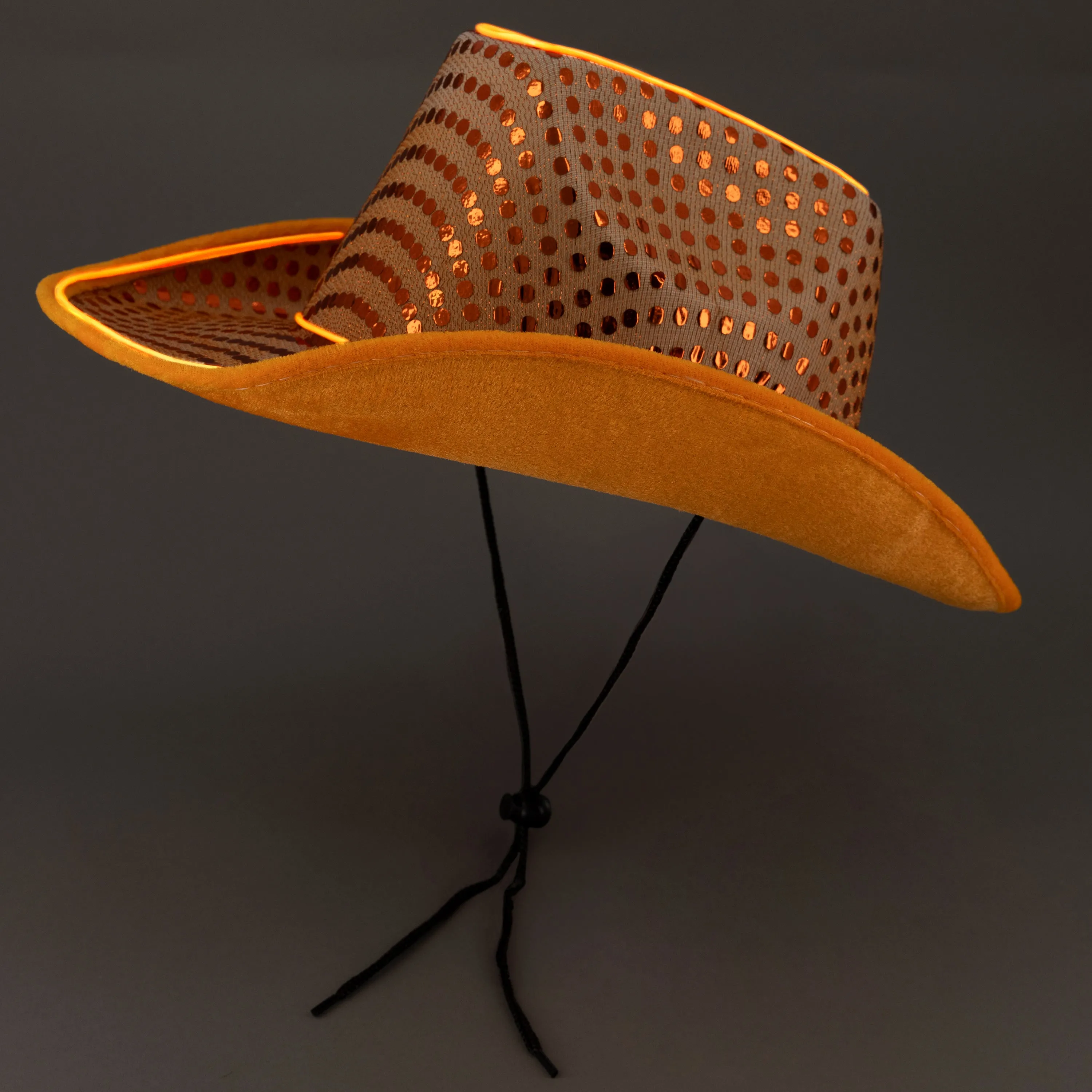 LED Flashing Orange EL Wire Sequin Cowboy Party Hat - Pack of 36 Hats
