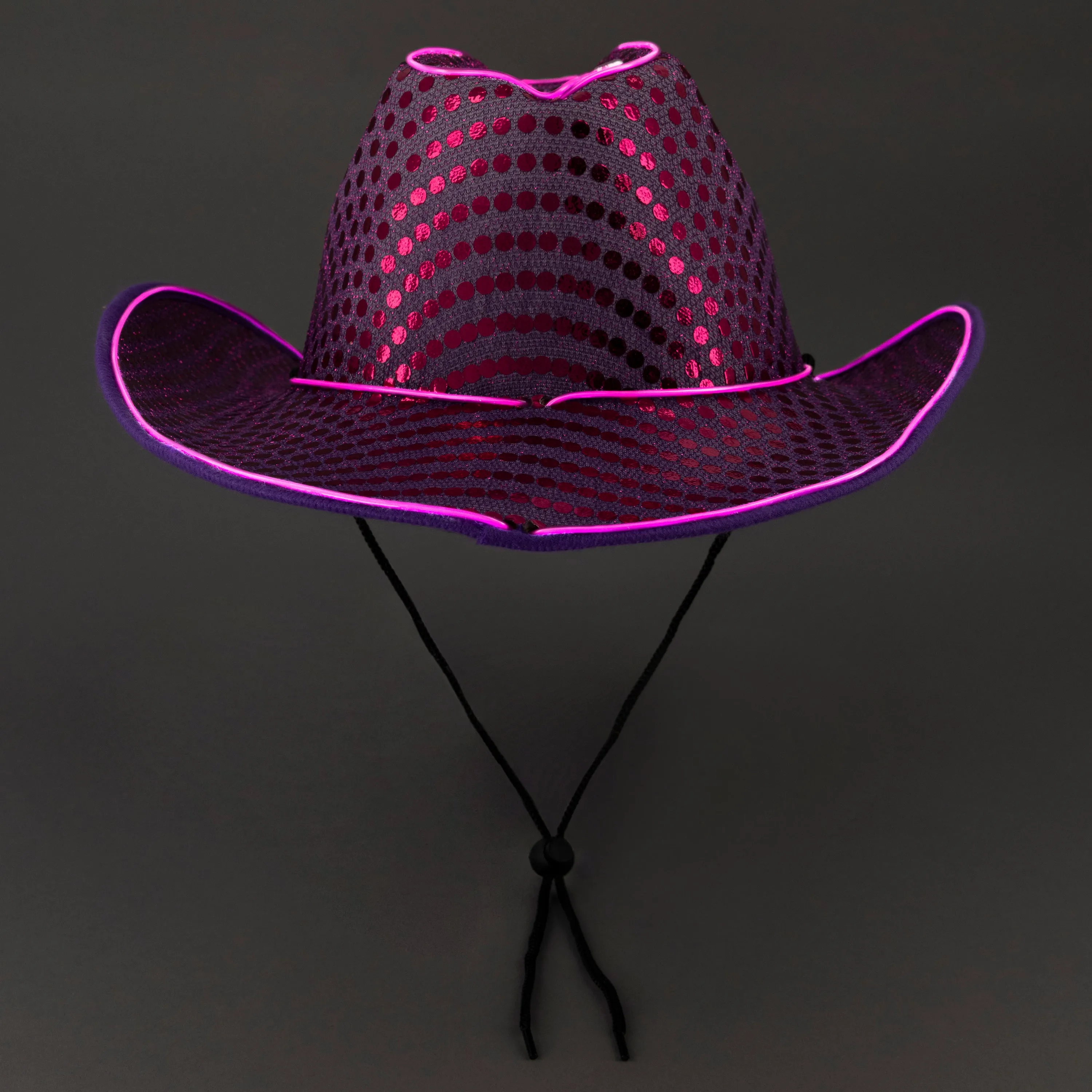LED Flashing Purple EL Wire Sequin Cowboy Party Hat - Pack of 18 Hats
