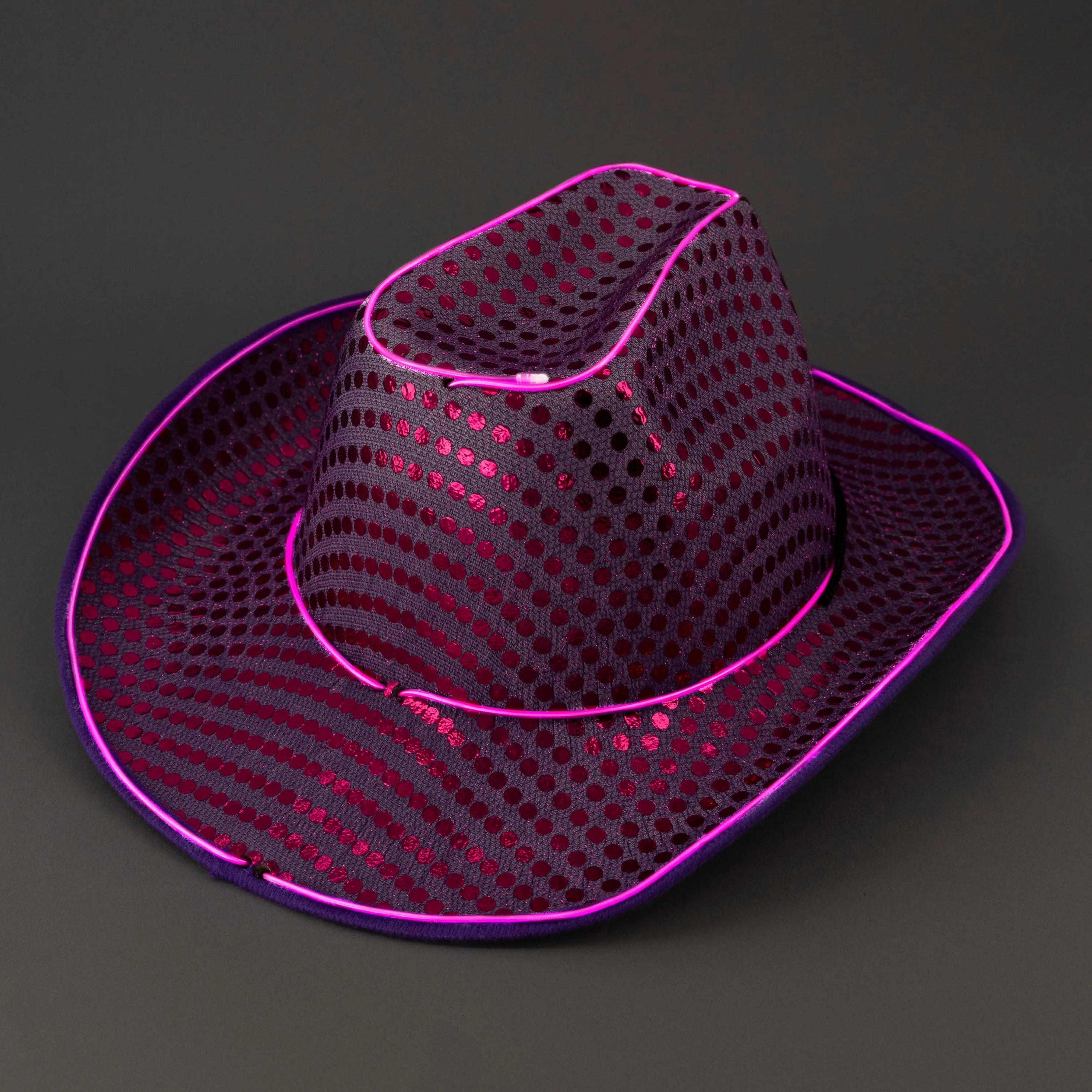 LED Flashing Purple EL Wire Sequin Cowboy Party Hat - Pack of 18 Hats