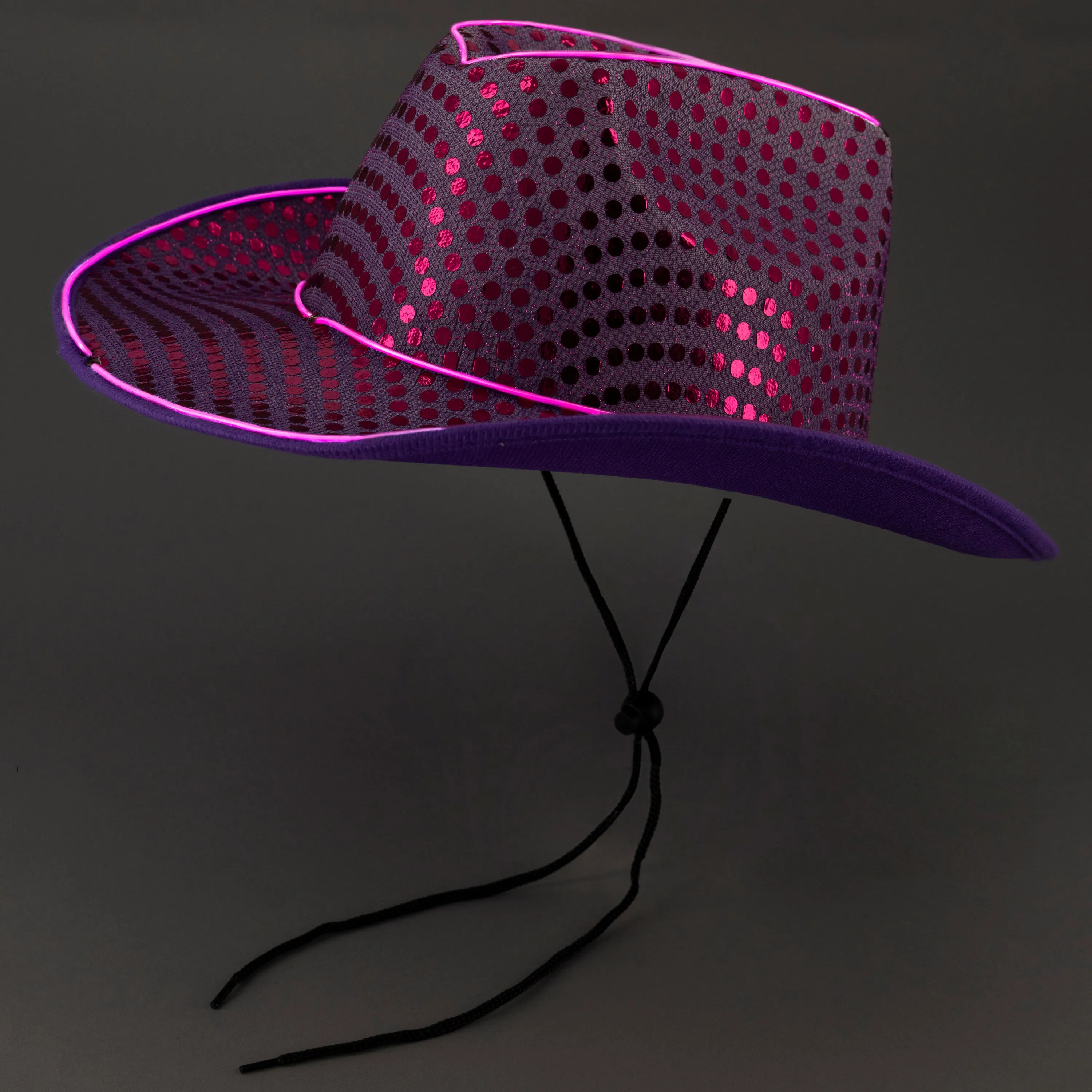 LED Flashing Purple EL Wire Sequin Cowboy Party Hat - Pack of 18 Hats