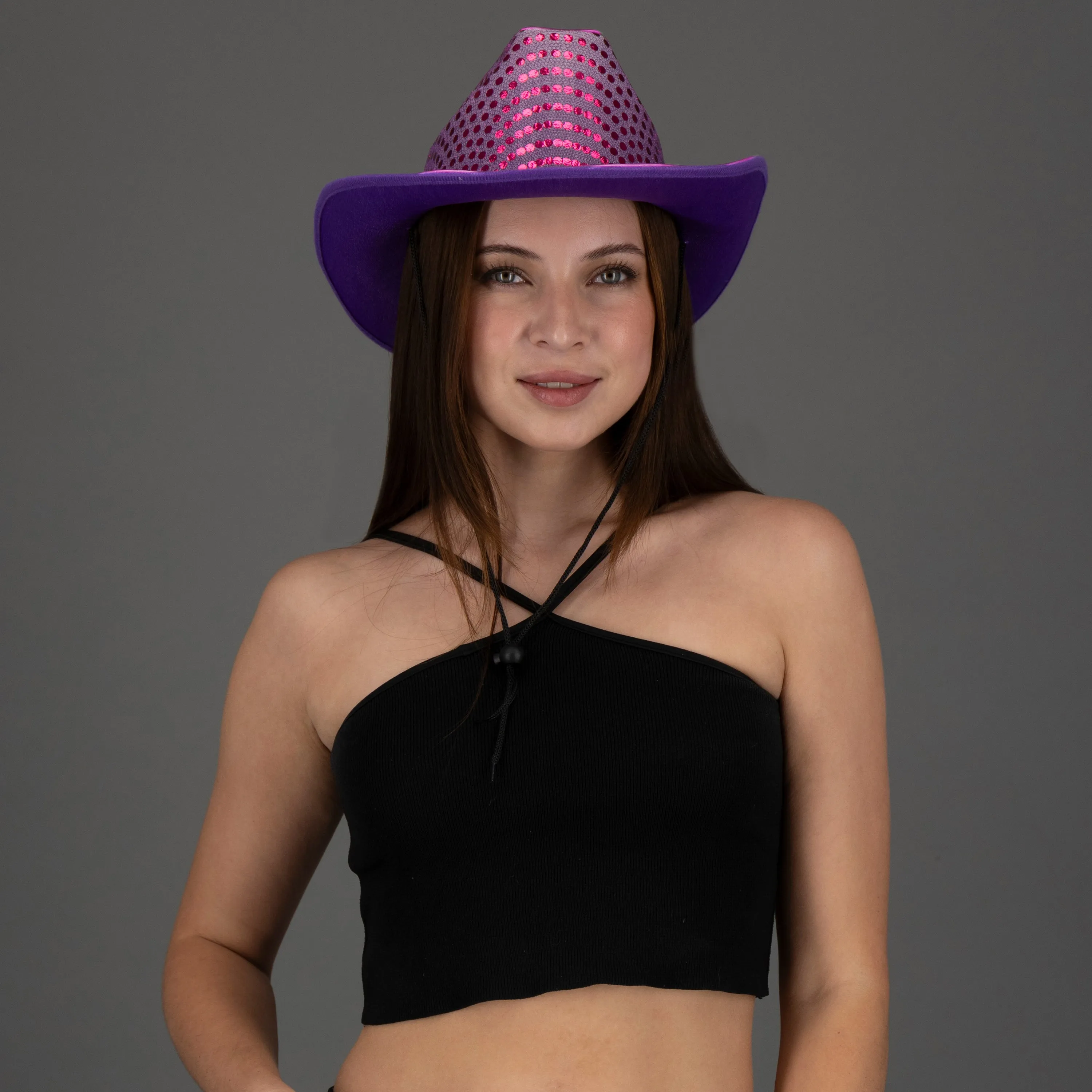 LED Flashing Purple EL Wire Sequin Cowboy Party Hat - Pack of 18 Hats