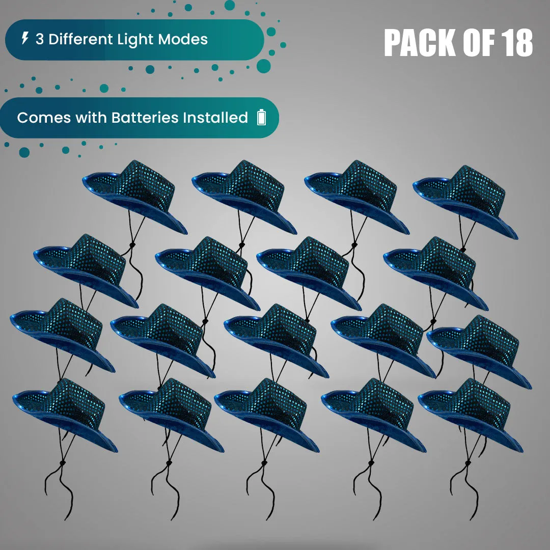 LED Light Up Flashing Sequin Teal Cowboy Hat - Pack of 18 Hats