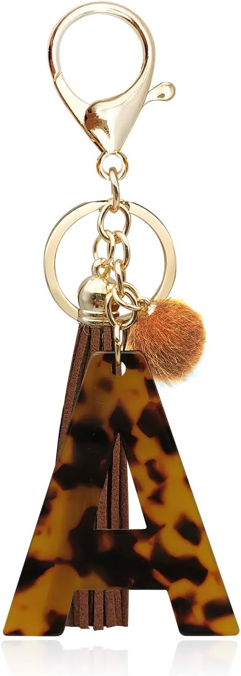 Leopard Alphabet Initial Letter Keychain Tassel Pendant Key Ring for Women Girls Purse Handbags