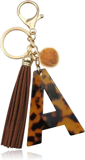 Leopard Alphabet Initial Letter Keychain Tassel Pendant Key Ring for Women Girls Purse Handbags