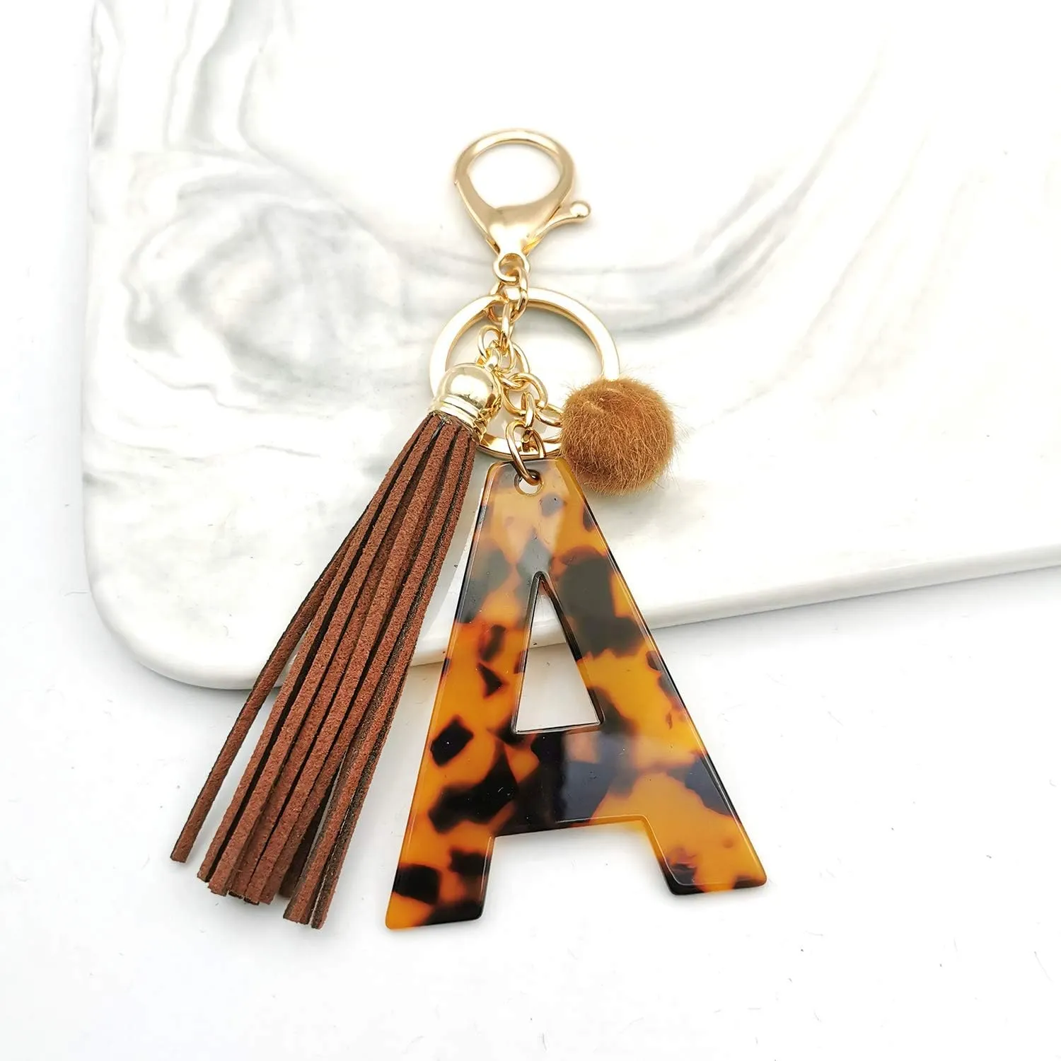 Leopard Alphabet Initial Letter Keychain Tassel Pendant Key Ring for Women Girls Purse Handbags