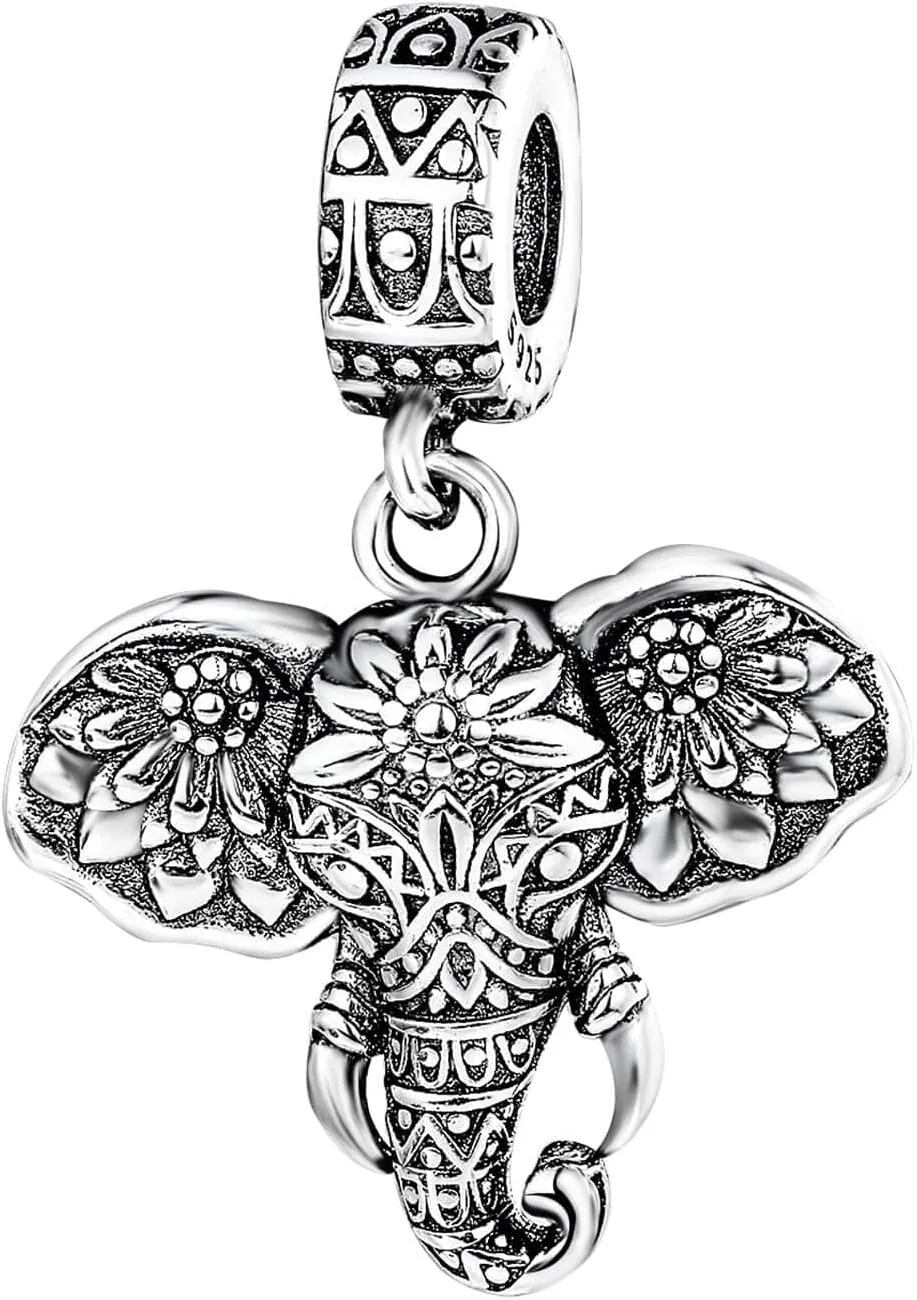 Lucky Elephant Charm 925 Sterling Silver Charm for Bracelets Necklaces fit Valentine's Day Mother's Day Birthday Gift for Women Pendant Beads