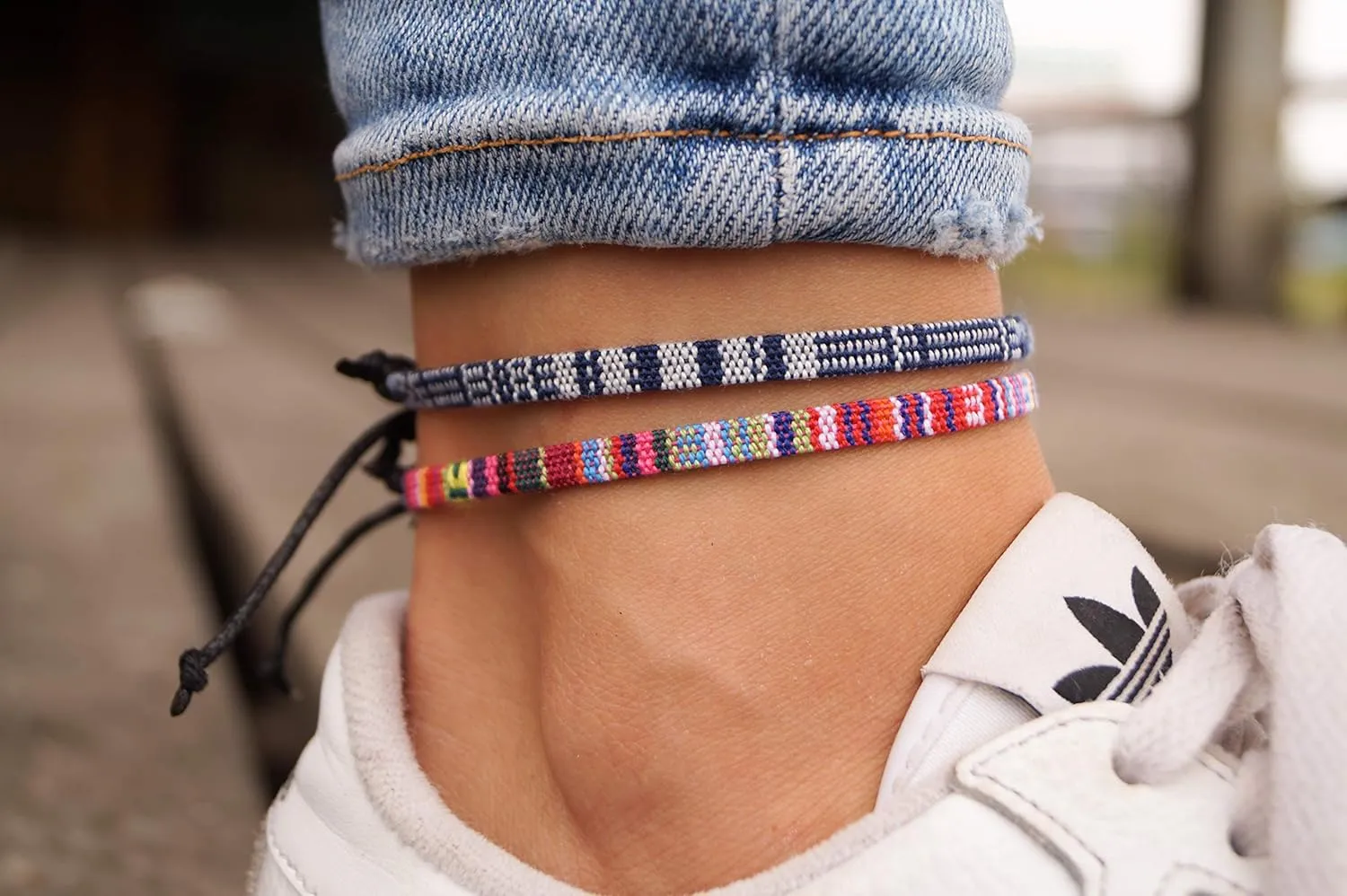 Made by Nami 2 Pcs Surfer Anklet Set Waterproof and Adjustable Braided Anklets for Women and Men Boho Ankle Bracelet Set of 2 for Ethnic Hippie Style (Blue-White & Pink)