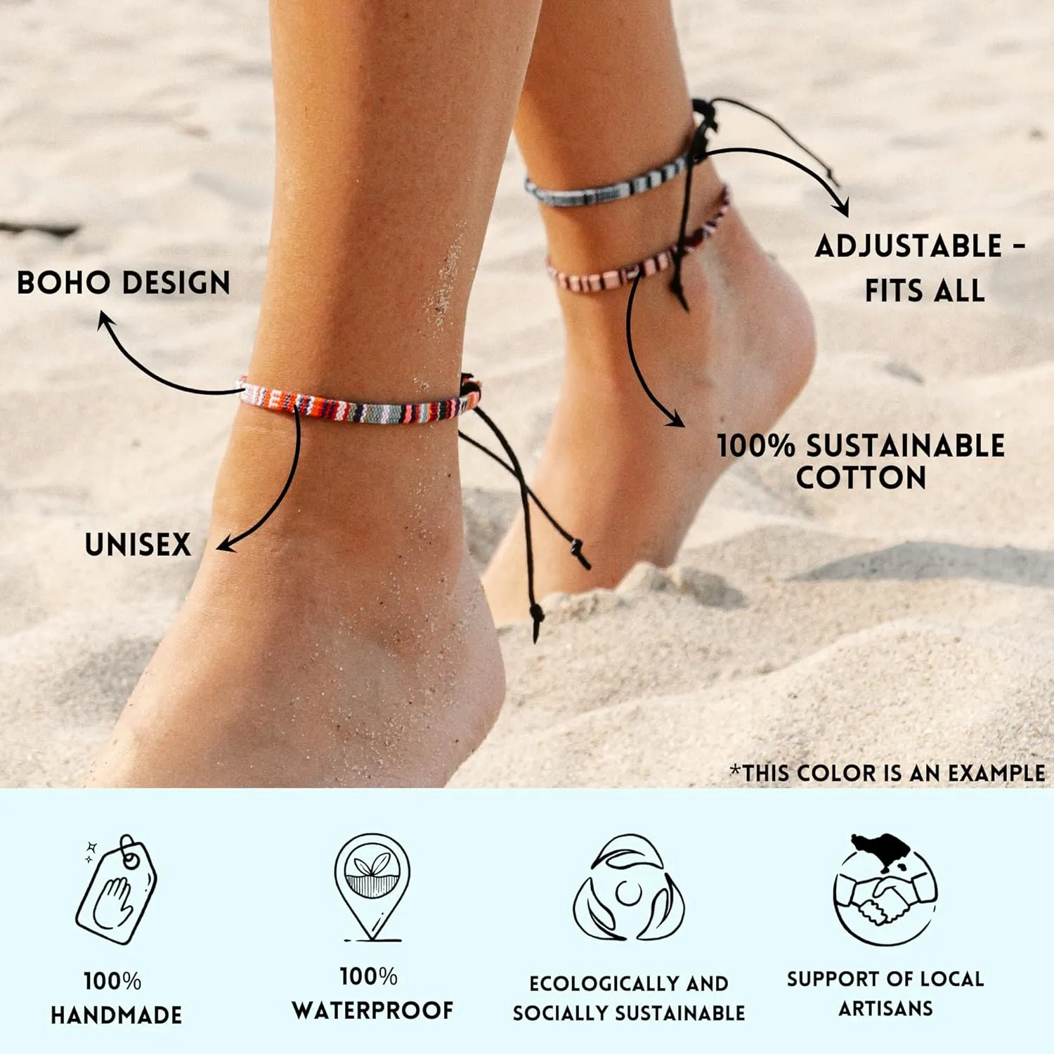 Made by Nami 2 Pcs Surfer Anklet Set Waterproof and Adjustable Braided Anklets for Women and Men Boho Ankle Bracelet Set of 2 for Ethnic Hippie Style (Blue-White & Pink)