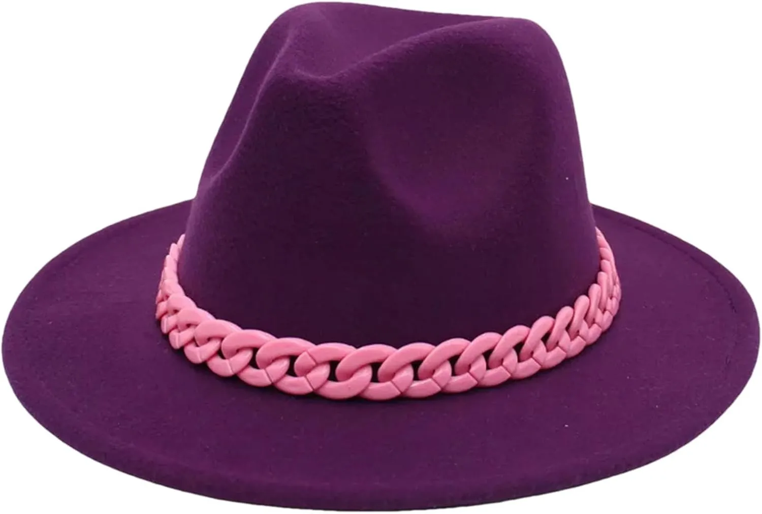 Men's Vintage Chain Top Hat Classic Wide Brim Hats for Women Men Party Church Felt Jazz Cap Purple