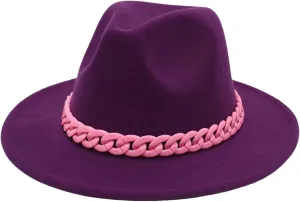 Men's Vintage Chain Top Hat Classic Wide Brim Hats for Women Men Party Church Felt Jazz Cap Purple