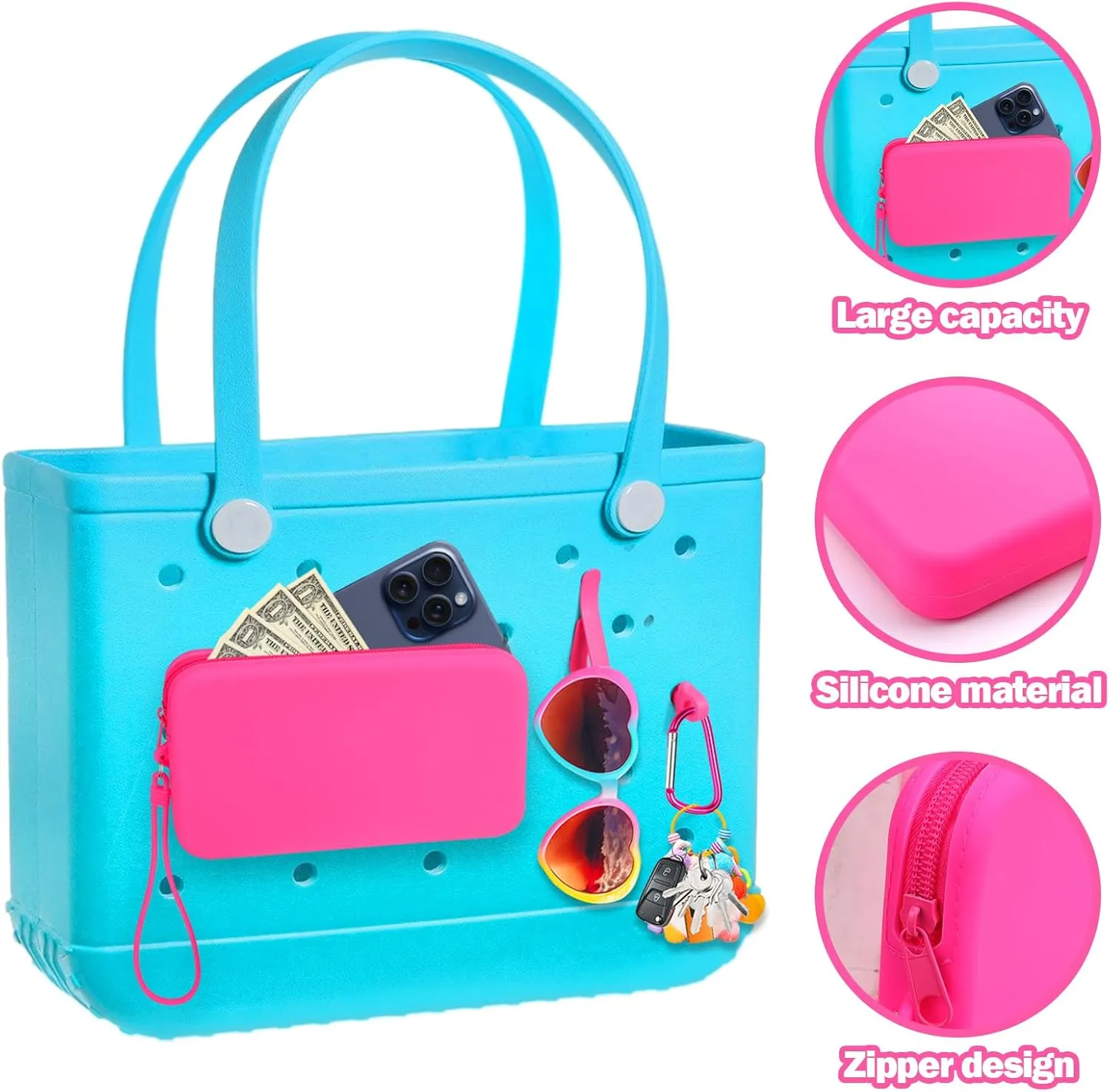 Mity rain Silicone Wallet for Bogg Bag Phone Holder, Accessories Set for Bogg Bag Contain 2PCS Key Holder and a Large Capacity Silicone Zipper Bag for Beach Bags Tote Bag