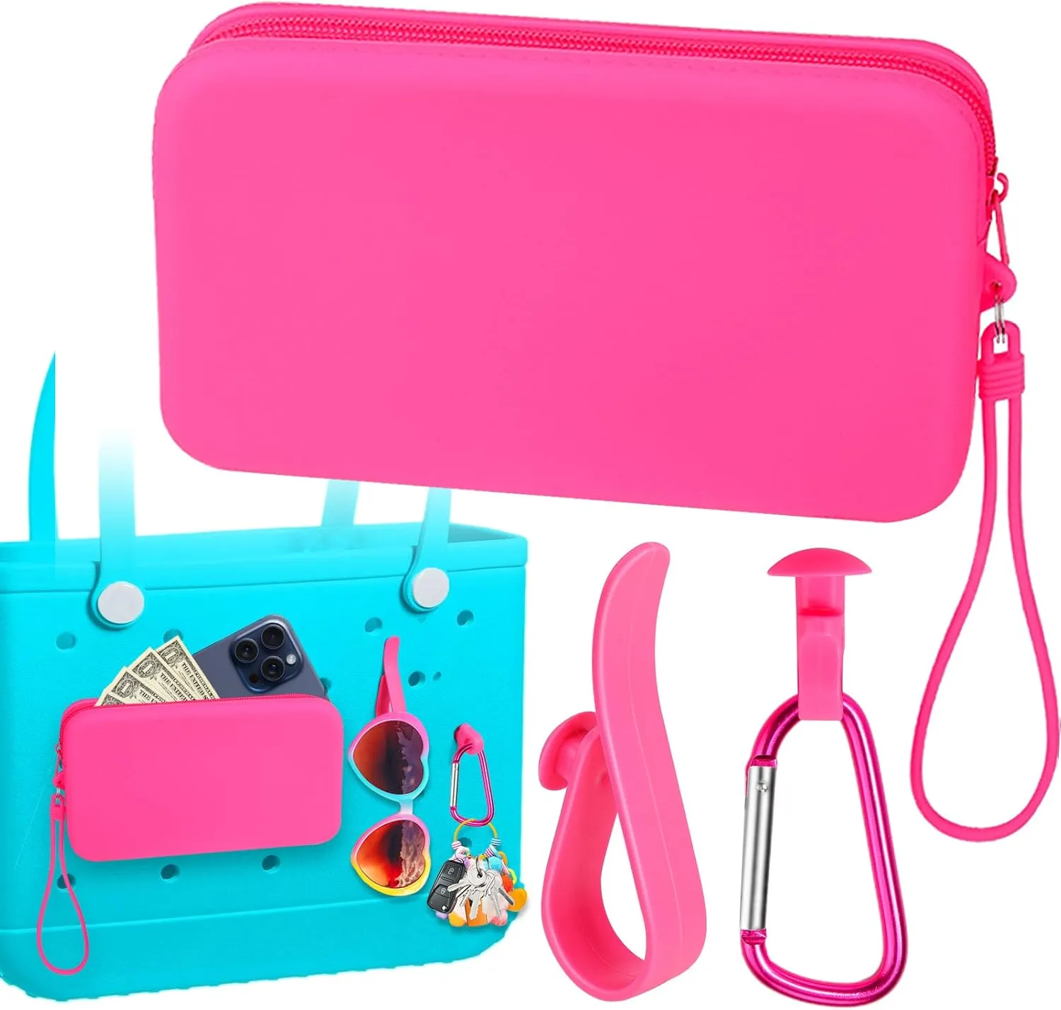 Mity rain Silicone Wallet for Bogg Bag Phone Holder, Accessories Set for Bogg Bag Contain 2PCS Key Holder and a Large Capacity Silicone Zipper Bag for Beach Bags Tote Bag