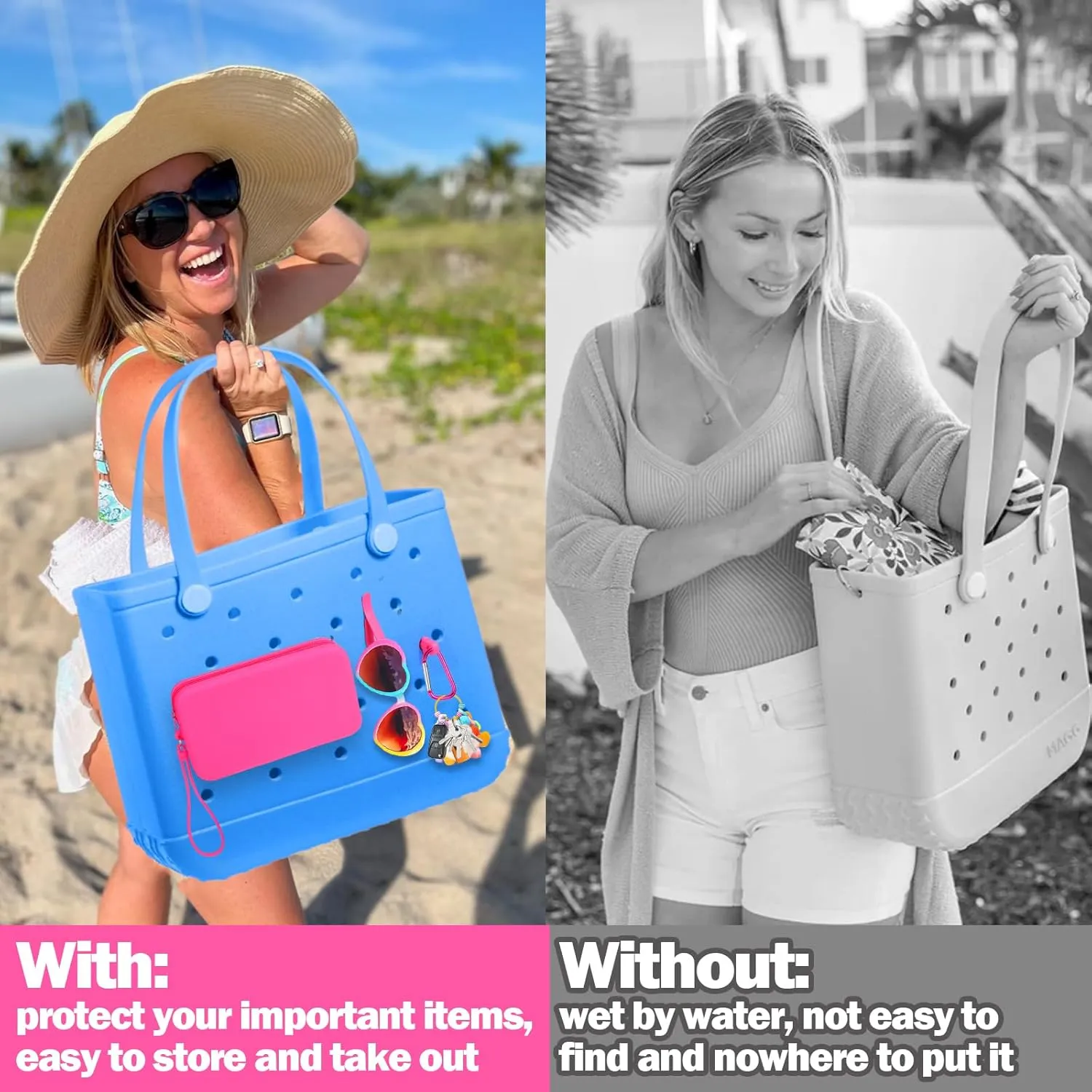 Mity rain Silicone Wallet for Bogg Bag Phone Holder, Accessories Set for Bogg Bag Contain 2PCS Key Holder and a Large Capacity Silicone Zipper Bag for Beach Bags Tote Bag