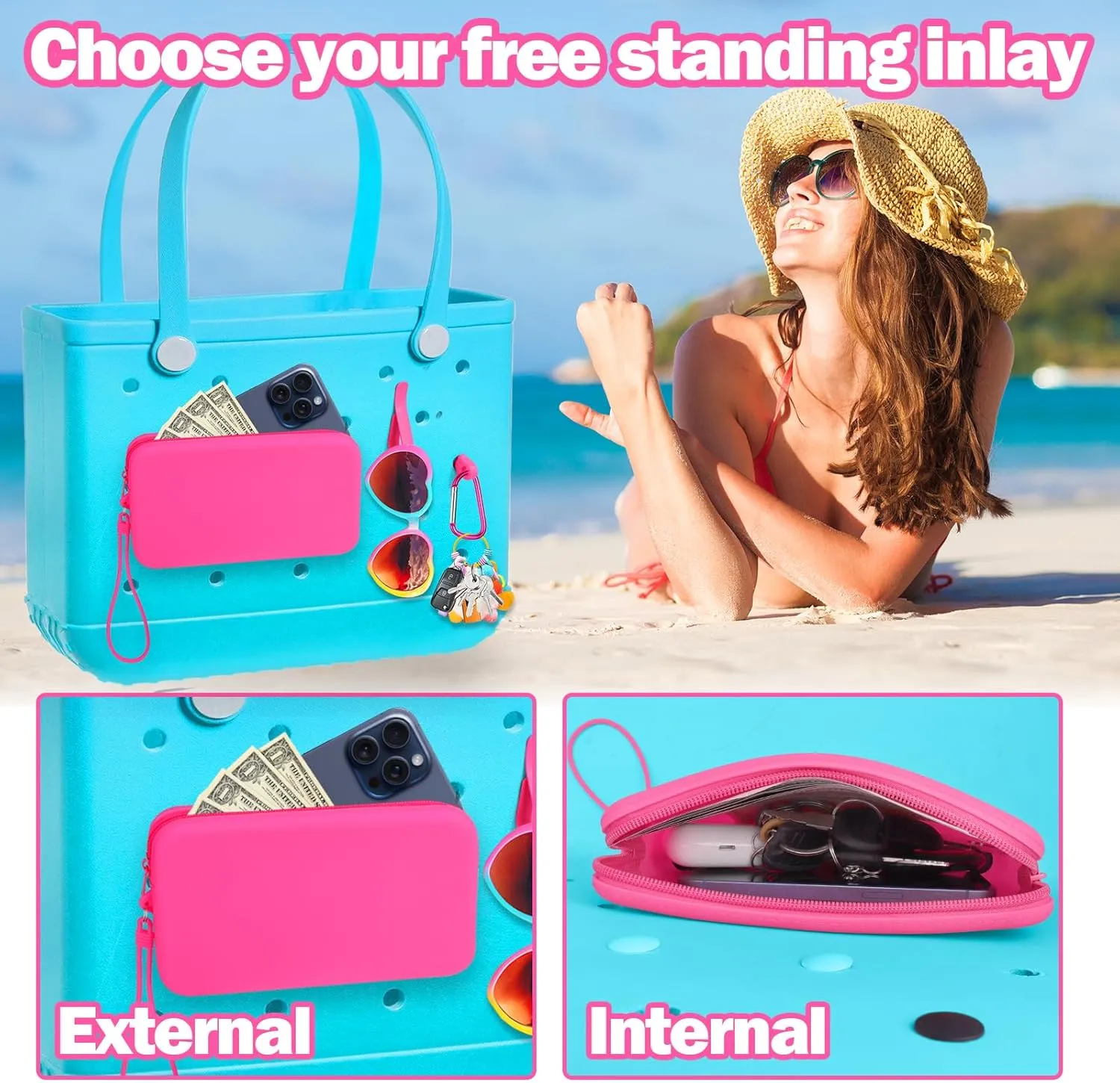 Mity rain Silicone Wallet for Bogg Bag Phone Holder, Accessories Set for Bogg Bag Contain 2PCS Key Holder and a Large Capacity Silicone Zipper Bag for Beach Bags Tote Bag