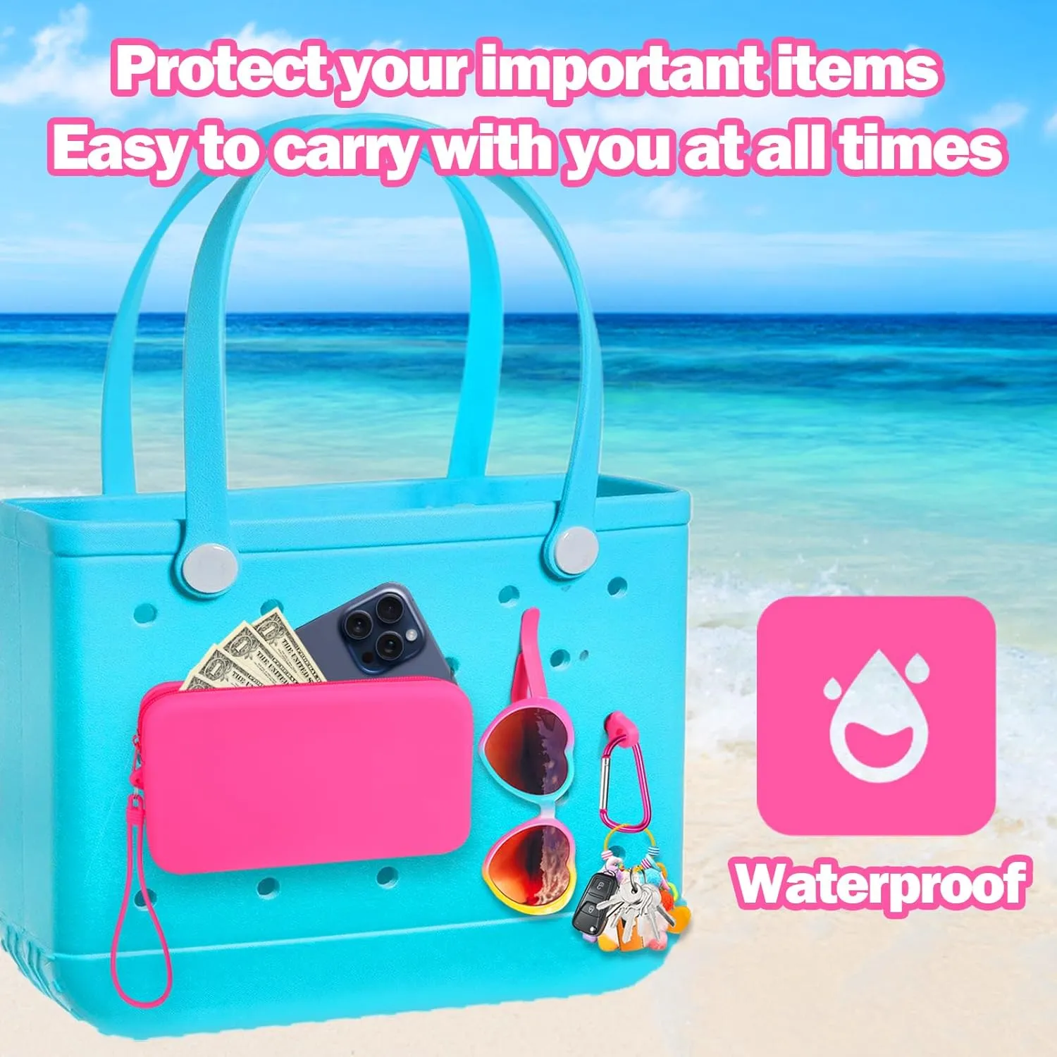Mity rain Silicone Wallet for Bogg Bag Phone Holder, Accessories Set for Bogg Bag Contain 2PCS Key Holder and a Large Capacity Silicone Zipper Bag for Beach Bags Tote Bag