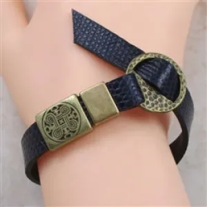 Navy Blue Leather Ribbon Bracelet Buckle Clasp